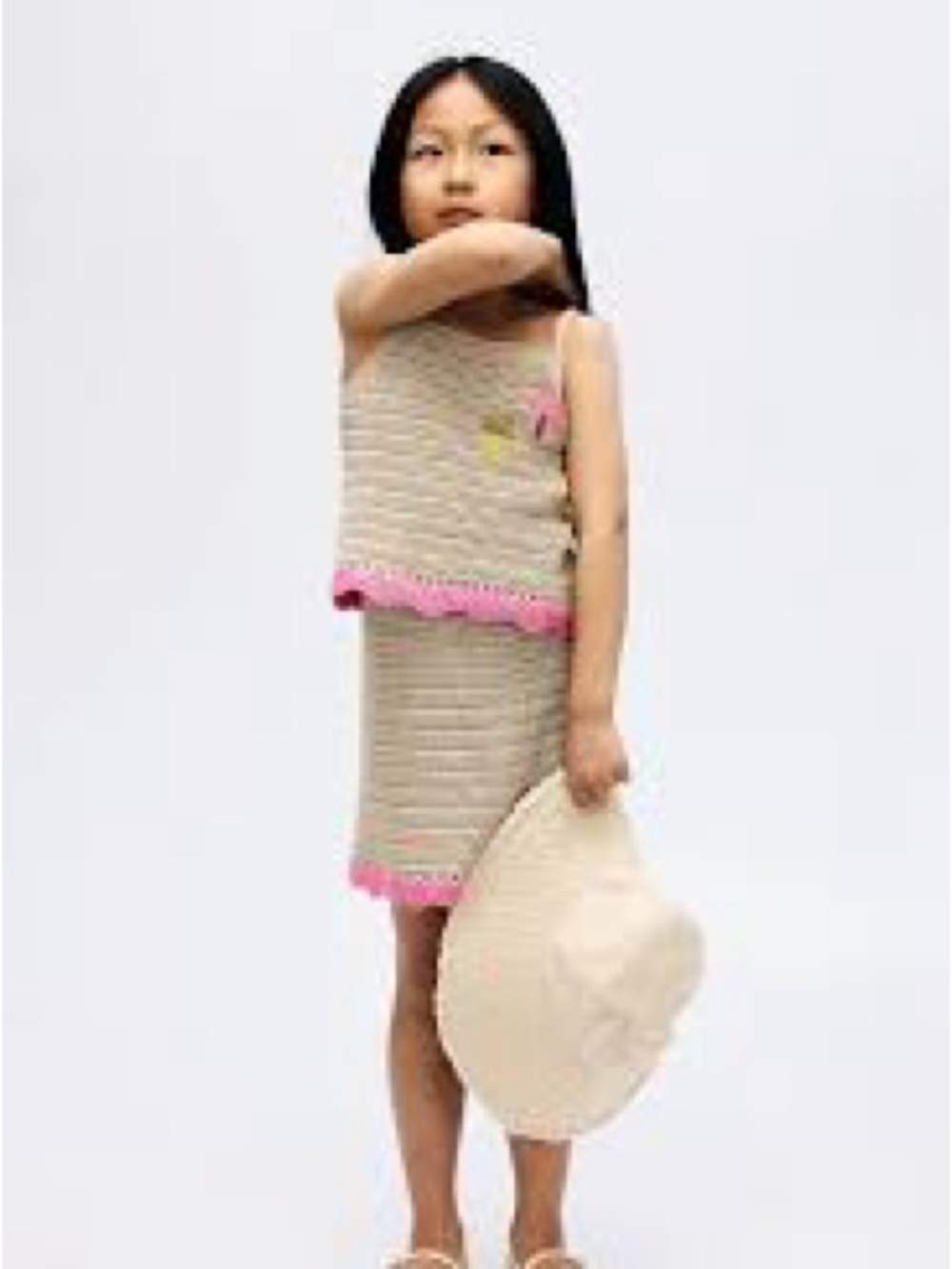 H&M Beige Crochet Skirt Set with Pink Trim Palm Tree Pineapple 6-8